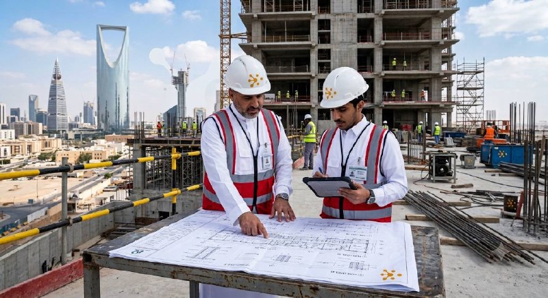 مهندسون يناقشون مخططات معمارية وإنشائية في موقع بناء داخل المملكة العربية السعودية