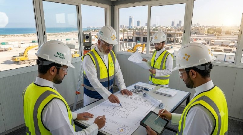 مهندسون سعوديون يراجعون قرار مساحي رسمي في موقع بناء بمدينة الخبر