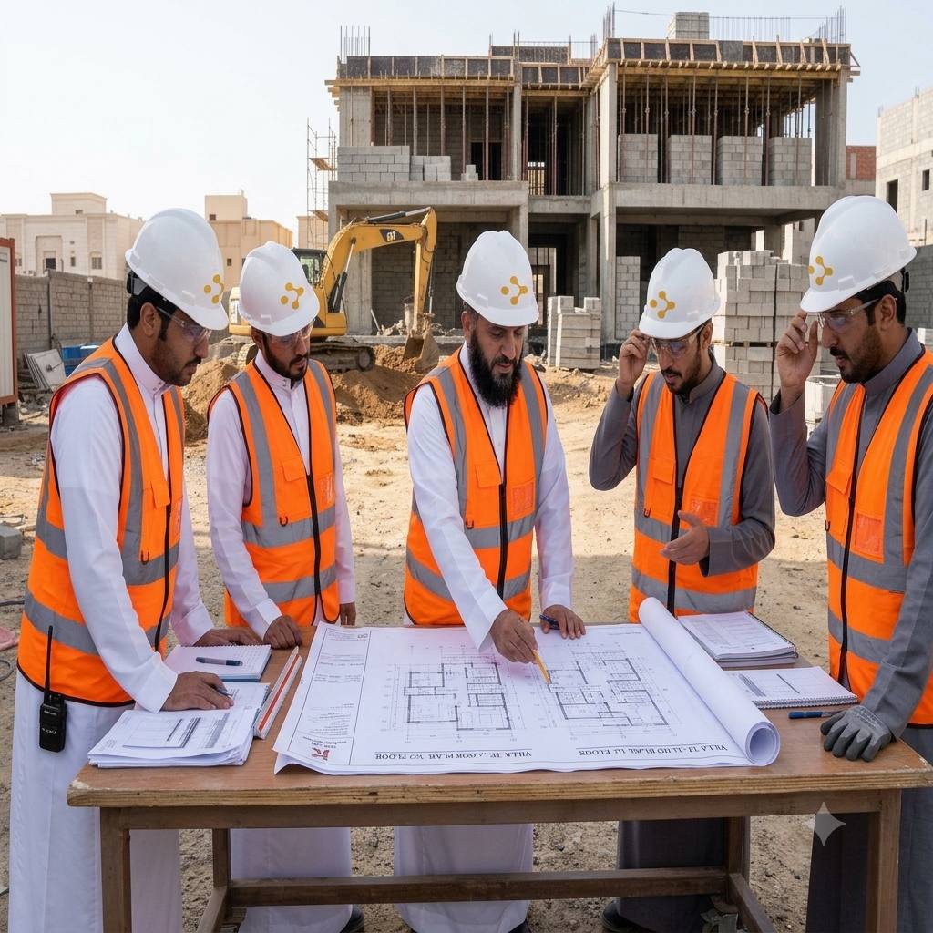 مهندسون سعوديون يناقشون رخصة بناء فيلا في جدة على موقع البناء