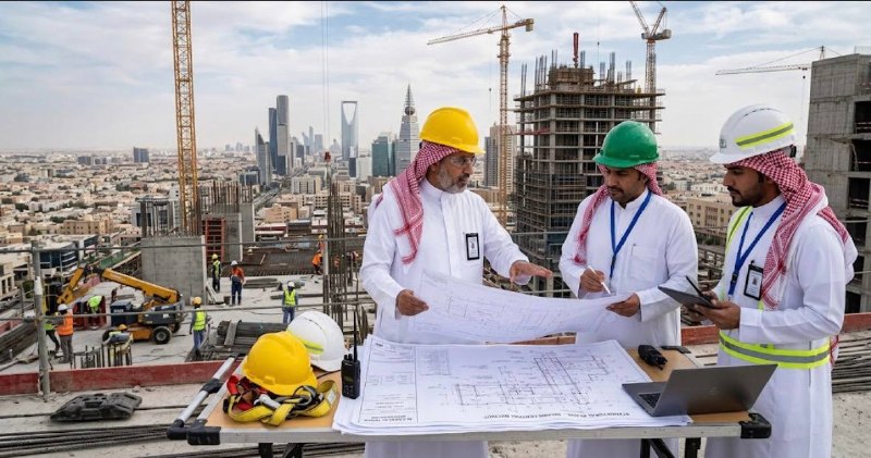 مهندسون سعوديون يقدمون استشارات هندسية معتمدة أثناء مراجعة مخططات البناء في موقع مشروع